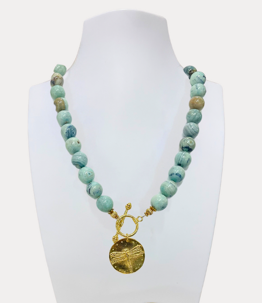 Artisan Necklace with Amazonite Beads and Dragonfly Charm