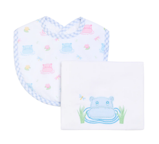 3 Marthas Bib/Burp Set in Blue Hippo