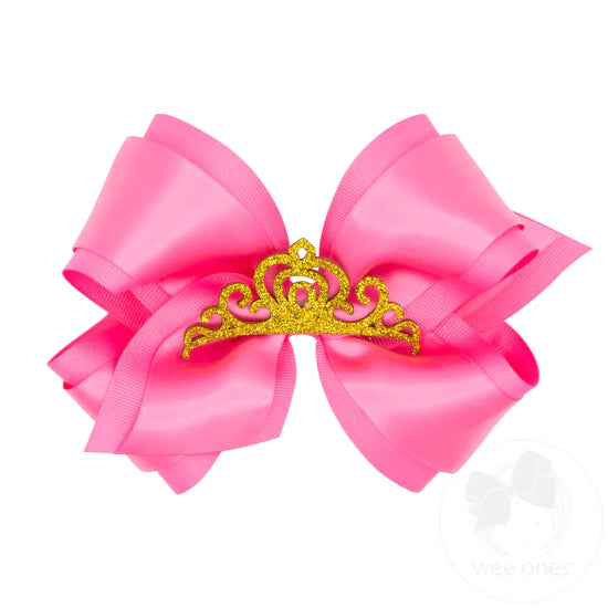 Wee Ones King Princess Hair Bow with Crown in Hot Pink