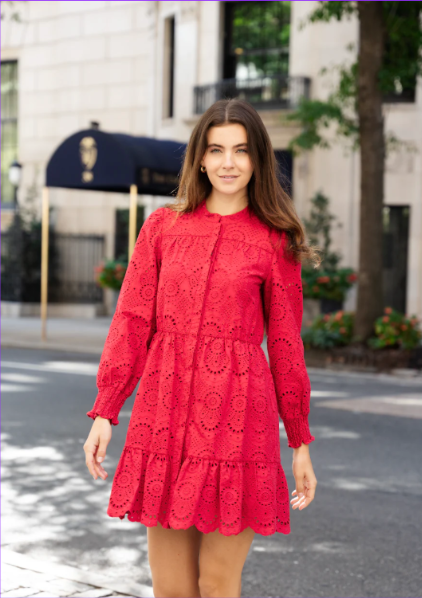 Sail to Sable: Dress - Cinched Waist Red Eyelet Long Sleeve