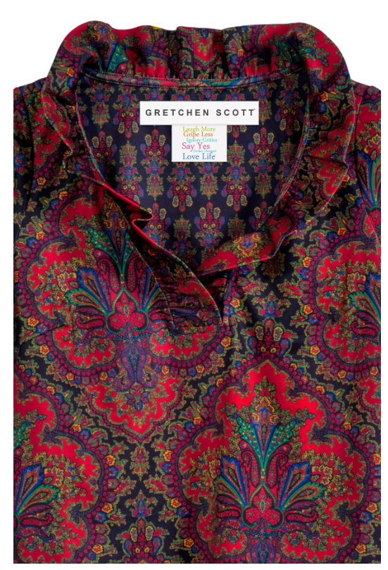 Gretchen Scott: 3/4 Sleeve Ruffneck Top Passion Paisley