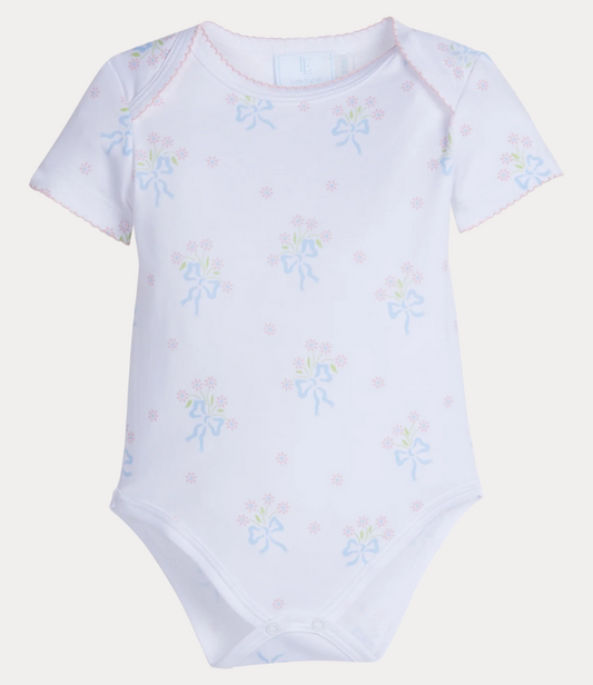 Little English Printed Onesie in Blue Bow Bouquet