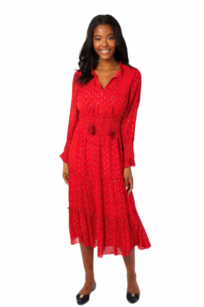 Sail to Sable: Red Lurex Long Sleeve Smocked Waist Midi Dress