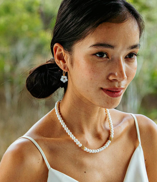 Capucine de Wulf Mermaid Garden Hoop Earrings with Flower Charm in MOP