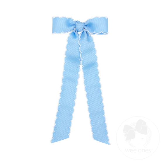 Wee Ones Mini Grosgrain Moonstitch Streamer Bowtie in Blue & White