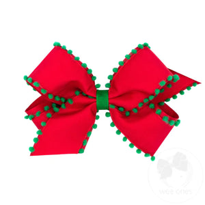 Wee Ones Medium Holiday Pom-Pom Edge Hair Bow in Red w/ Green
