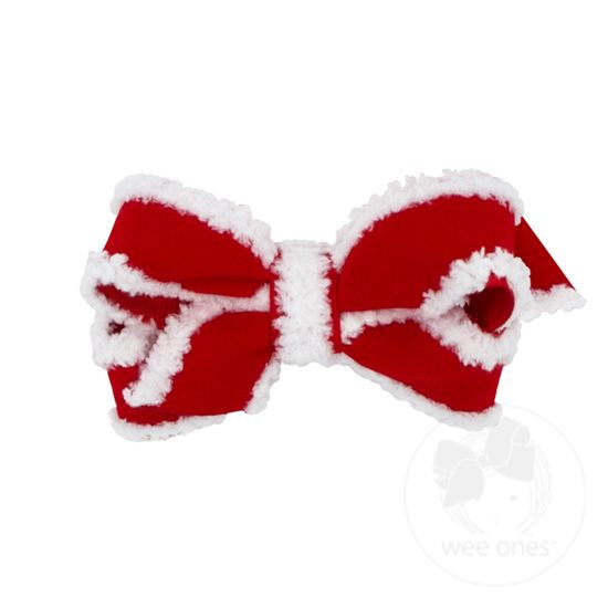 Wee Ones Mini White Faux Fur Edge Velvet Bow in Red