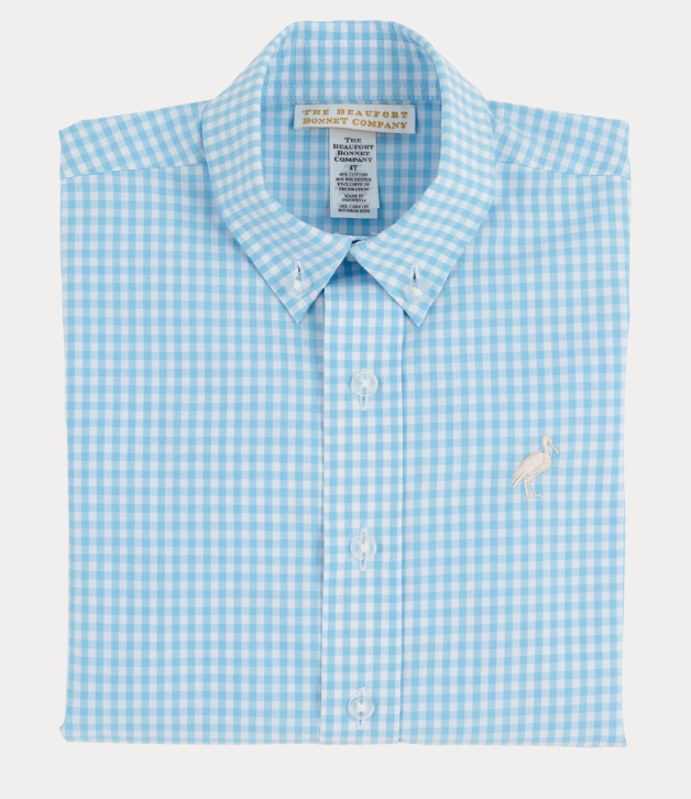 TBBC Dean's List Dress Shirt in Brookline Blue Mini Gingham with Keeneland Khaki Stork