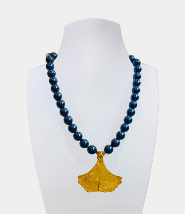 Artisan Necklace in Navy Pearls with Ginko Leaf