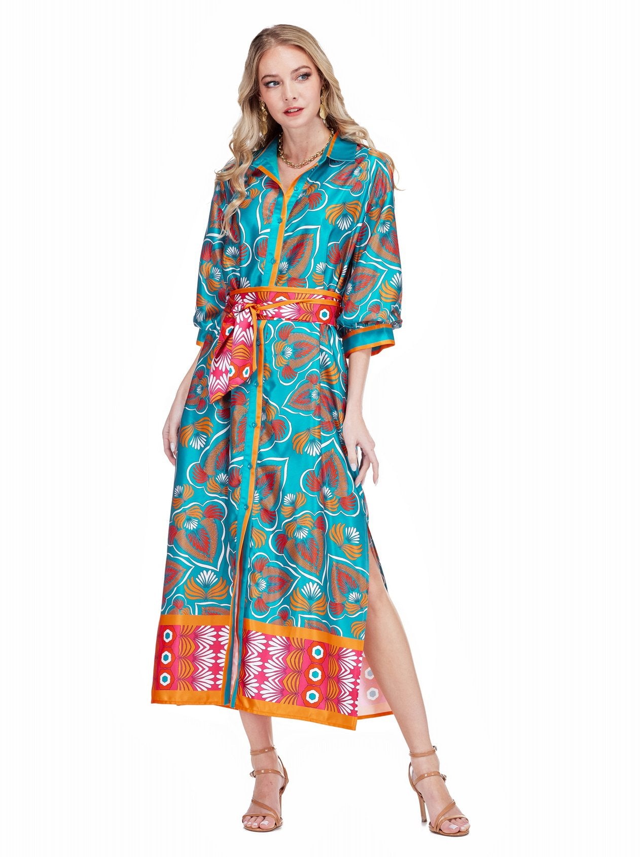 Jade Midi Shirt Dress in Tangerine Tide