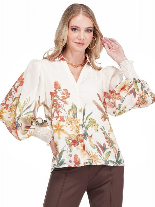 Jade Split Collar V-Neck Blouse in Wild Bloom