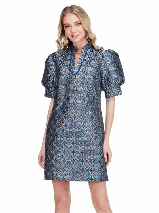 Jade Collared V-Neck Dress in Gilded Trellis