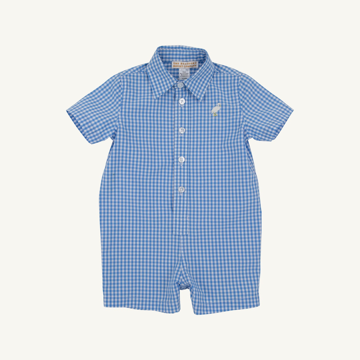 The Beaufort Bonnet Company Sir Proper's Romper in Sunrise Blvd Blue Mini Gingham