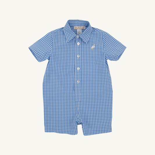 The Beaufort Bonnet Company Sir Proper's Romper in Sunrise Blvd Blue Mini Gingham